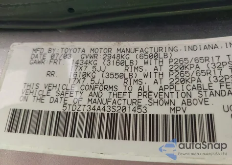 2003 Toyota Sequoia Sr5 V8 из США, поврежденный, VIN 5TDZT34A43S201453